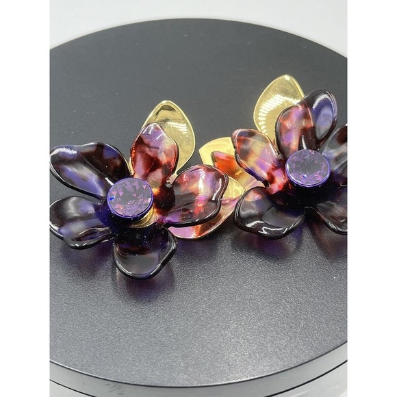 Kate Spade Large Purple Brown Floral PETAL PUSHER Gold Plated Statement Earring - Picture 14 of 15